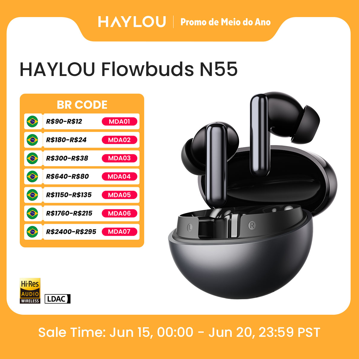 Fones de Ouvido Sem Fio HAYLOU Flowbuds N55 com ANC Adaptativo de 54dB, Bluetooth 6.0, Áudio Hi-Res LDAC, Chamadas HD com 6 Microfones, 40 Horas de Reprodução, IPX5