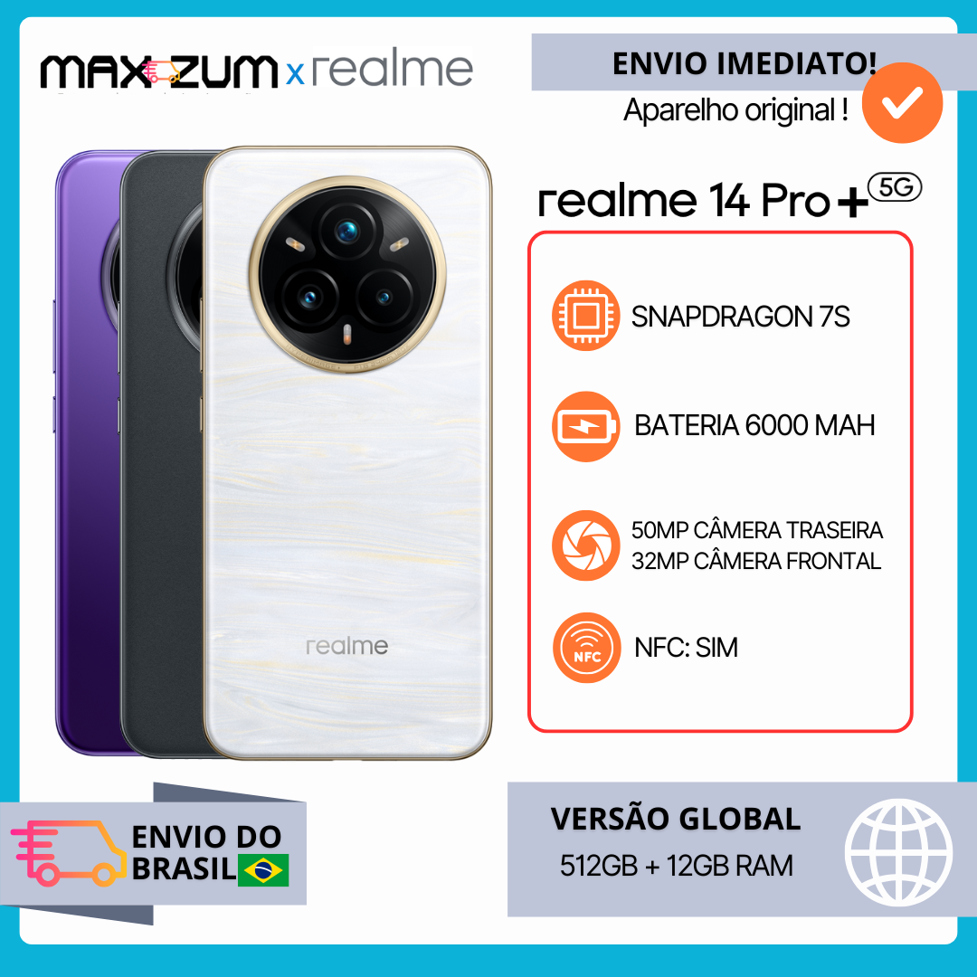 Versão global realme 14 Pro+ 5G Smartphone Sony 3X Periscope OIS Câmara Snapdragon7s Gen 3 80W SUPERVOOC Charge IP69