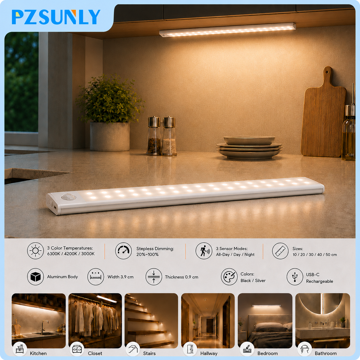 Luz Noturna LED PZSUNLY Recarregável USB Tipo-C com Sensor de Movimento para Iluminação de Armários e Guarda-Roupas 10cm/20cm/30cm/40cm/50cm