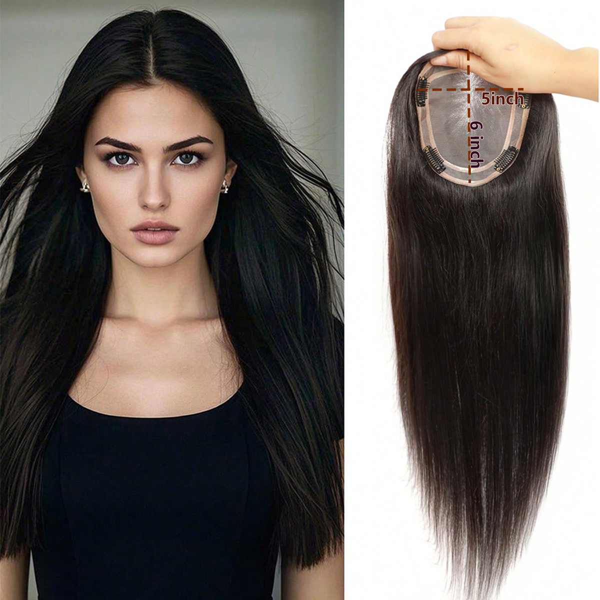 Adornos de cabello humano 100% Real para mujer, postizos con Clip, Base Mono grande transpirable de 5 "x 6" para cubrir el cabello adelgazante grisáceo