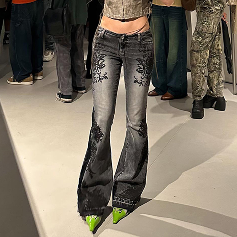 Rockmore-Jean évasé taille basse pour femme, streetwear, imprimé esthétique, pantalon vintage, denim délavé, surintendant, grunge, Fairycore, Y2K
