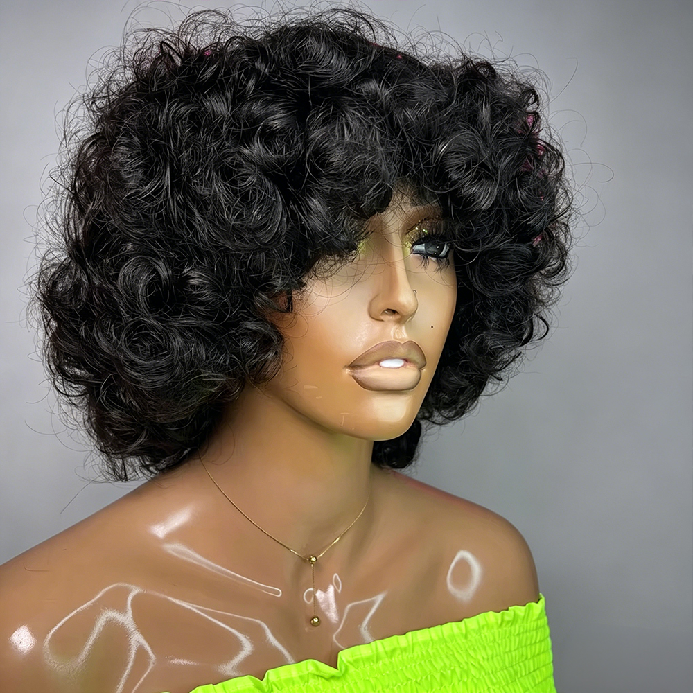 Perruque en cheveux humains vietnamiens avec frange, entièrement fabriquée à la machine, cheveux courts afro pour femme noire, perruques bouclées rebondissantes coupe pixie, perruques en cheveux humains pas chères en solde, perruque sans colle, perruque b