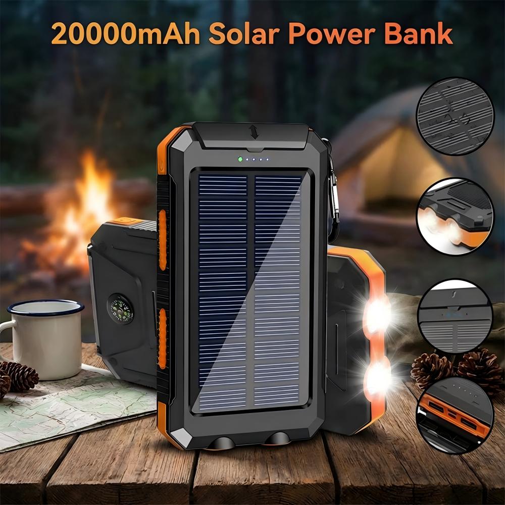 Banque d'énergie solaire Portable 20000mAh, chargeur de téléphone Portable de grande capacité avec lampe de poche, batterie externe d'urgence extérieure pour téléphones
