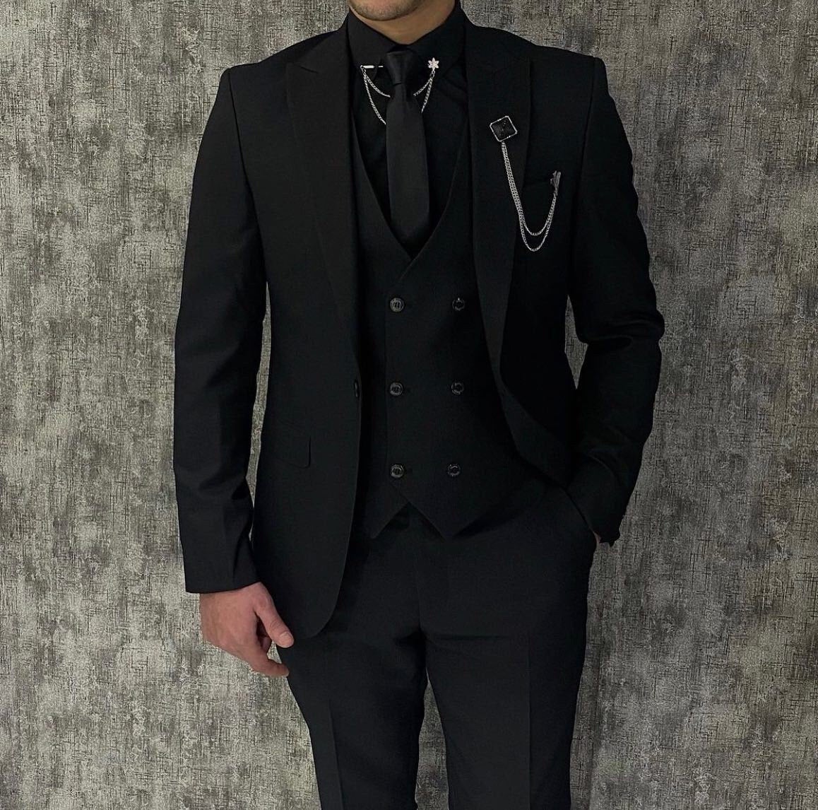 Czarne luksusowe garnitury męskie eleganckie, slim fit męskie marynarki z klapami zamkniętymi najnowsze trzyczęściowe (kurtka + spodnie + kamizelka) Terno Masculino Completo