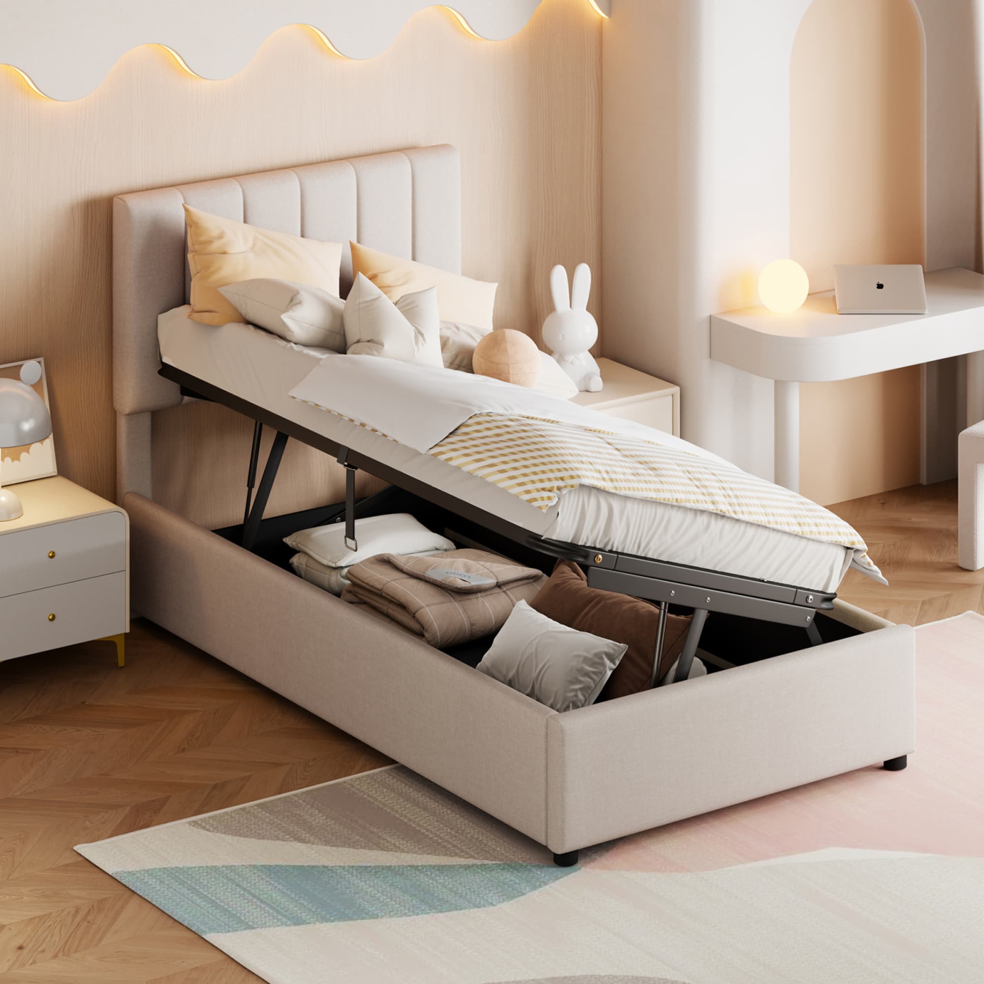 Cama Baú 90x20 com 1 lugar, estrutura de cama de solteiro estofada 90 com armazenamento, cama acolchoada em tecido de linho, cama para adolescente, cama infantil