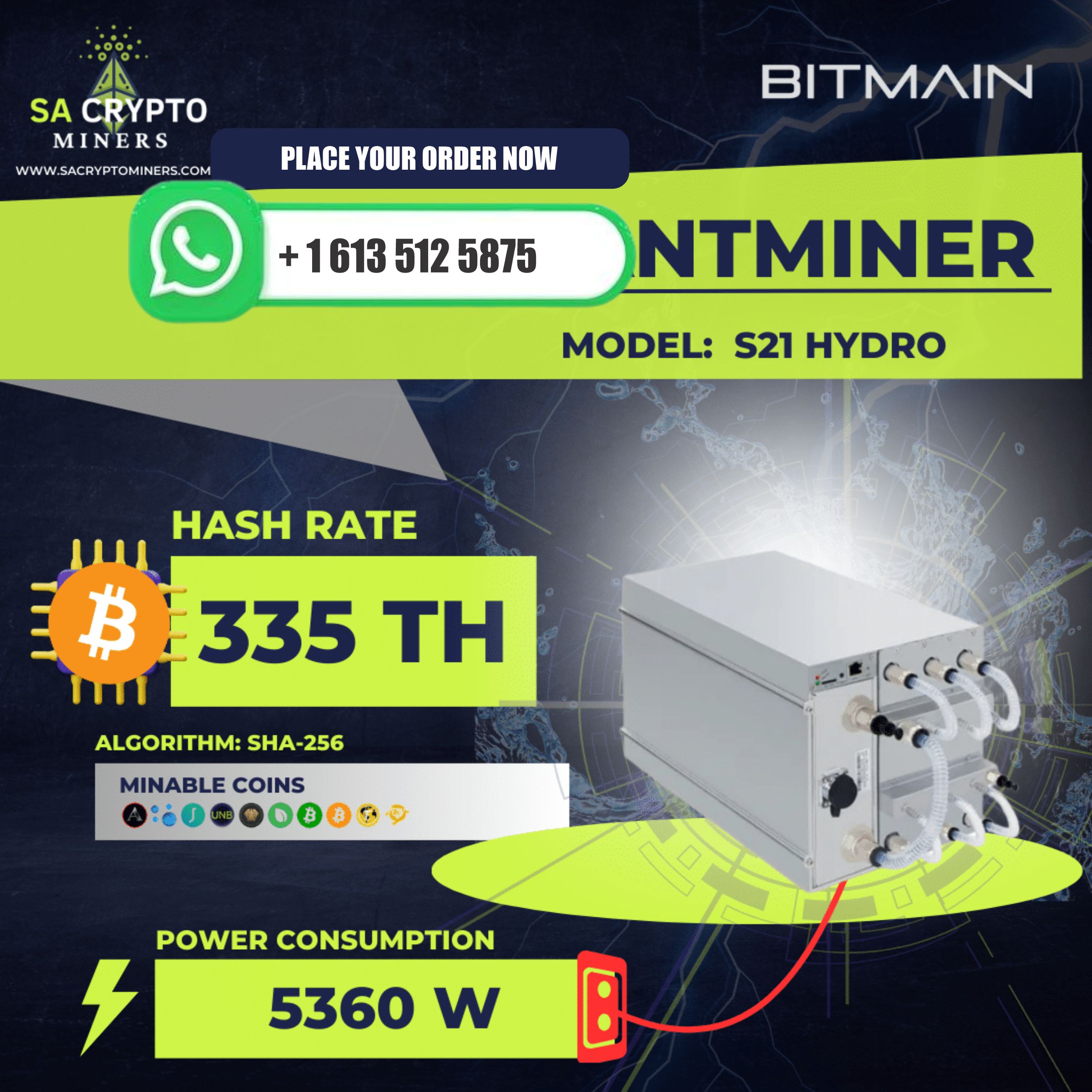 Melhor Oferta JY: Compre 10 e Ganhe 6 Grátis - ANTMINER S21+ HYDRO 338T (até 400TH) 5160W Minerador de Bitcoin BITMAIN com Garantia e Fonte de Alimentação