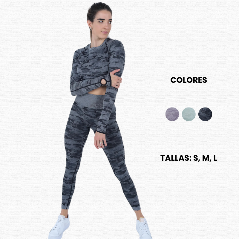 Conjunto Deportivo Camuflajeado de 3 piezas Legging atasan deportivo y kaus sin costura alta calidad