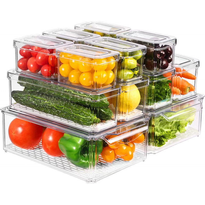 Set 12 Penyelenggara Brandtrendy yang Dapat Ditumpuk untuk Kulkas dan Dapur, Transparan, Plastik Bebas Bpa, Mudah Dibersihkan, Mengoptimalkan Ruang dan Mengawetkan Makanan, Ideal untuk Dapur, Lemari, dan Lainnya