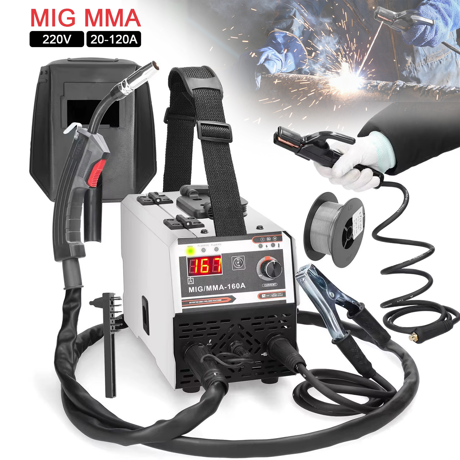 MIG/MMA-Schweißgerät, Gasgeschütztes & Manuelles Schweißen mit Dualmodi, IGBT DC-Inverter, Automatische Drahtzuführung & Kontaktschweißen