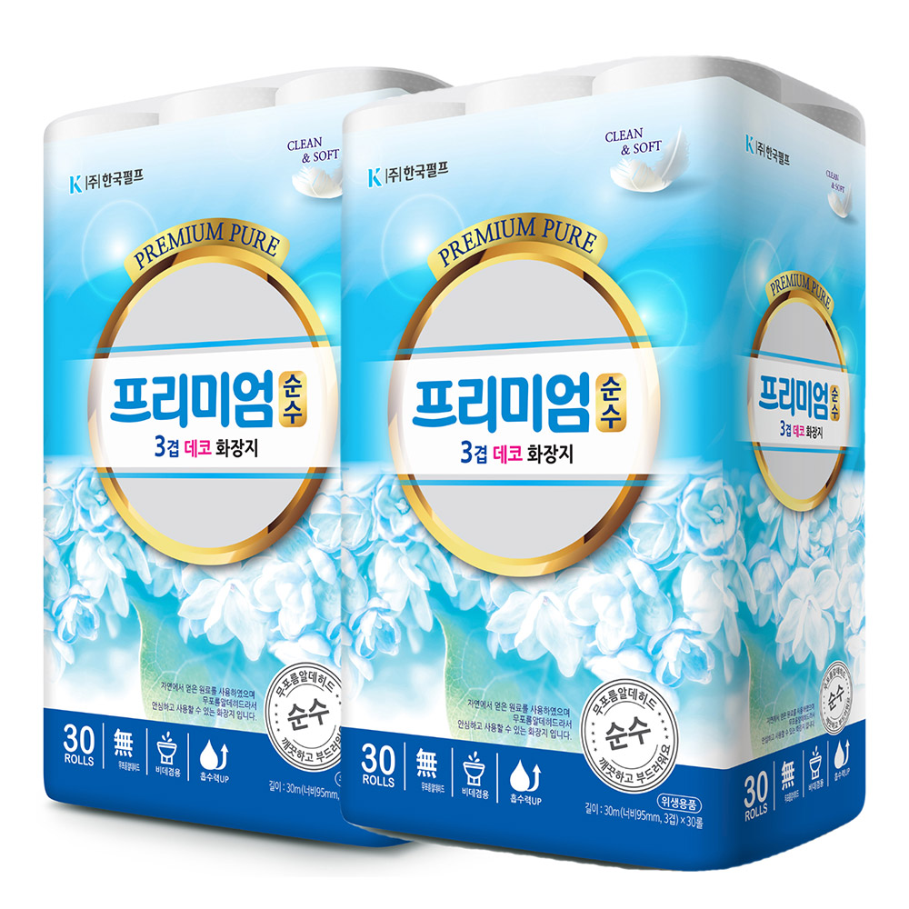 (1+1)한국펄프 프리미엄 순수 3겹데코 30M 30롤+30롤. 휴지 화장지 두루마리
