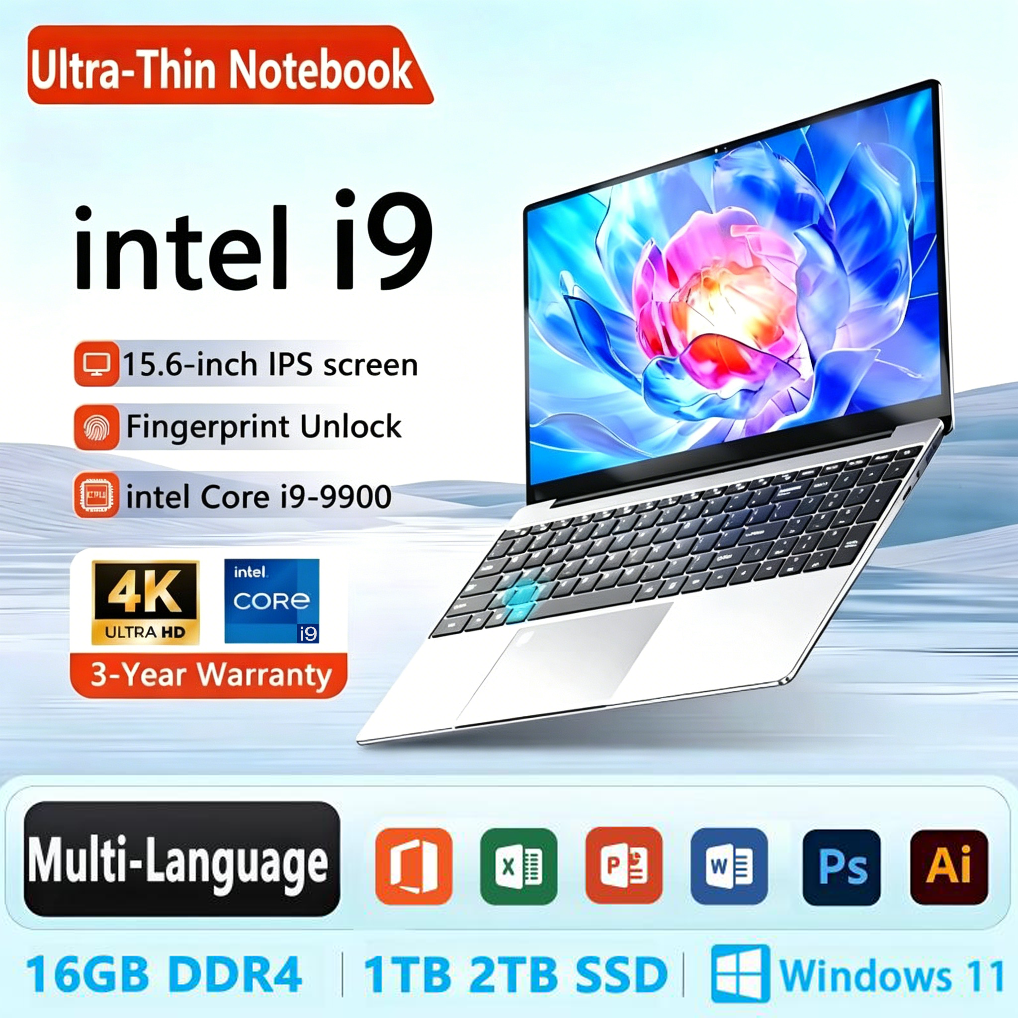 Ordinateur portable 16 Go de RAM, SSD 1 To/2 To - Écran HD 15,6 pouces, Intel Core i9-9900, Windows 11 Professionnel, ordinateur portable portable