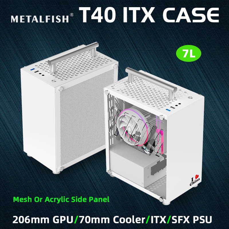 METALFISH-funda Mini ITX T40 para ordenador de juegos, chasis blanco de 7L, soporte compacto transparente para PC, PSU SFX/enfriador de 70mm con mango