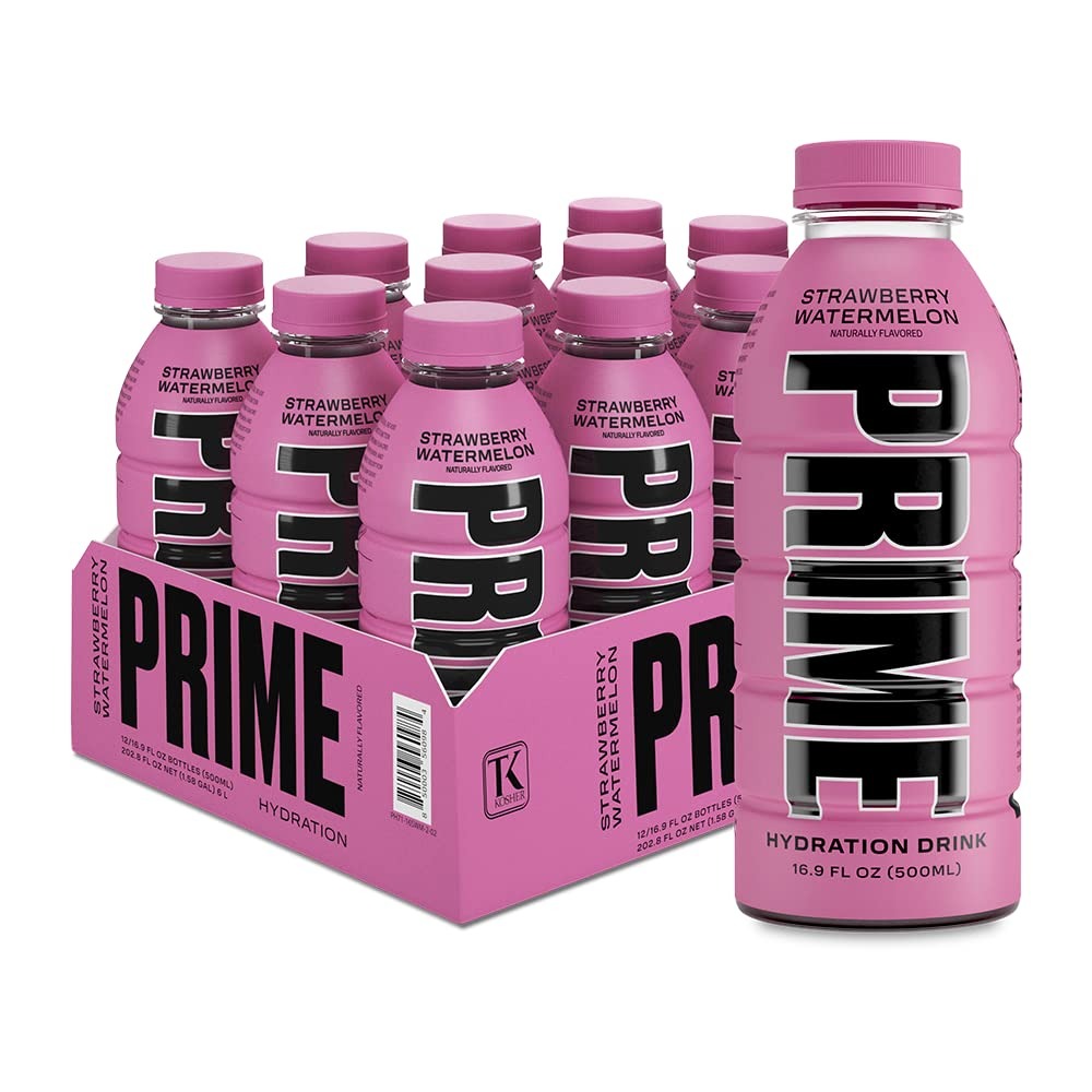 Prime Hydration Strawberry Watermelon 12x500ml - Bebida Isotónica Fresa Sandía, Electrolitos, BCAA, Sin Cafeína, Hidratación Deportiva, Refresco Frutal Viral de Logan Paul y KSI