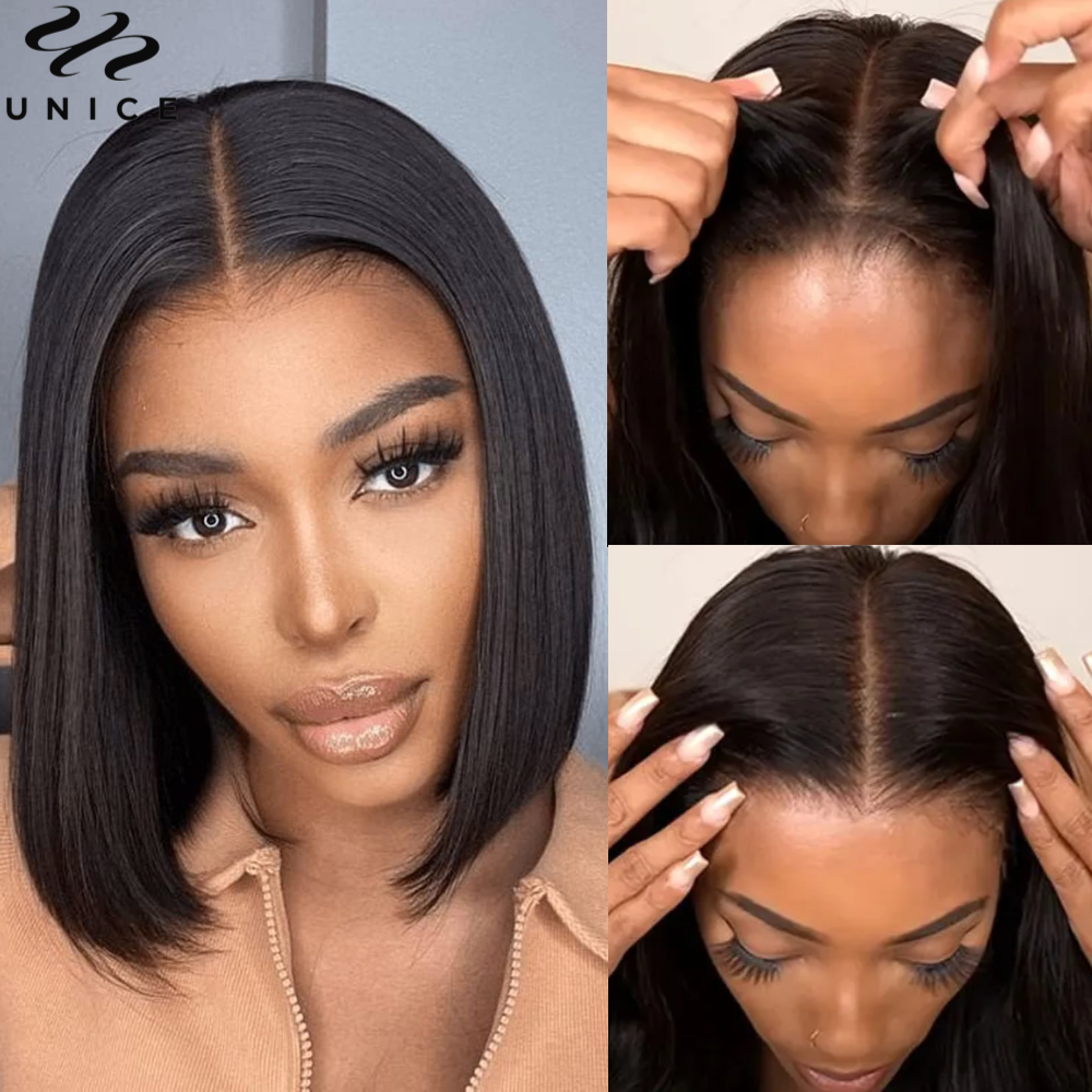 UNice Bye-Bye Slip 7x5 Peruca Bob Reta de Seda com Renda e Cordão Ajustável, Pré-Cortada, Pré-Descolorida, Sem Cola, Cabelo Humano, 150% de Densidade