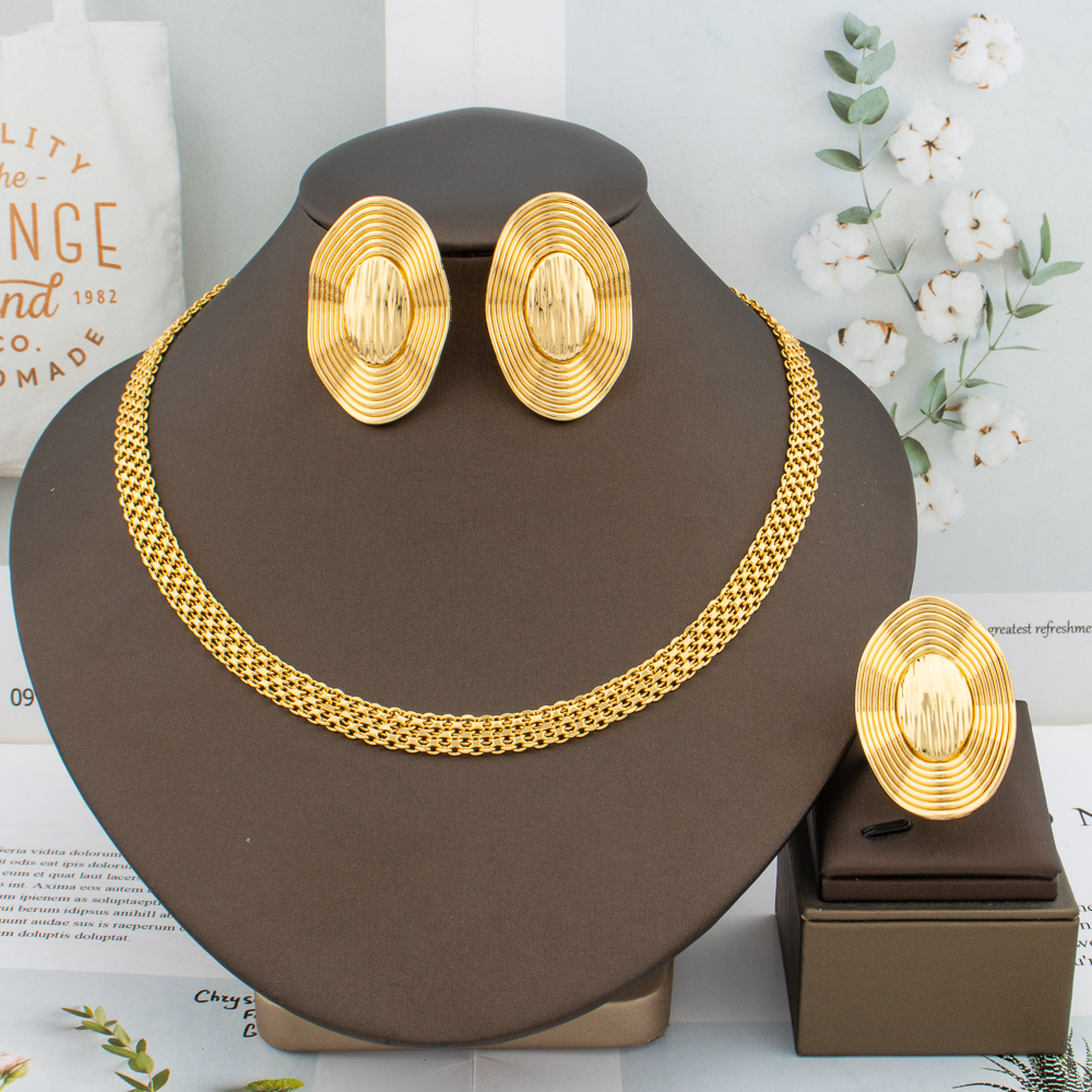Conjunto de joyería de Color dorado para mujer, pendientes de Clip, anillo de cadena elegante de Italia, regalo de joyería de fiesta de novia clásica africana de Dubái, tendencia