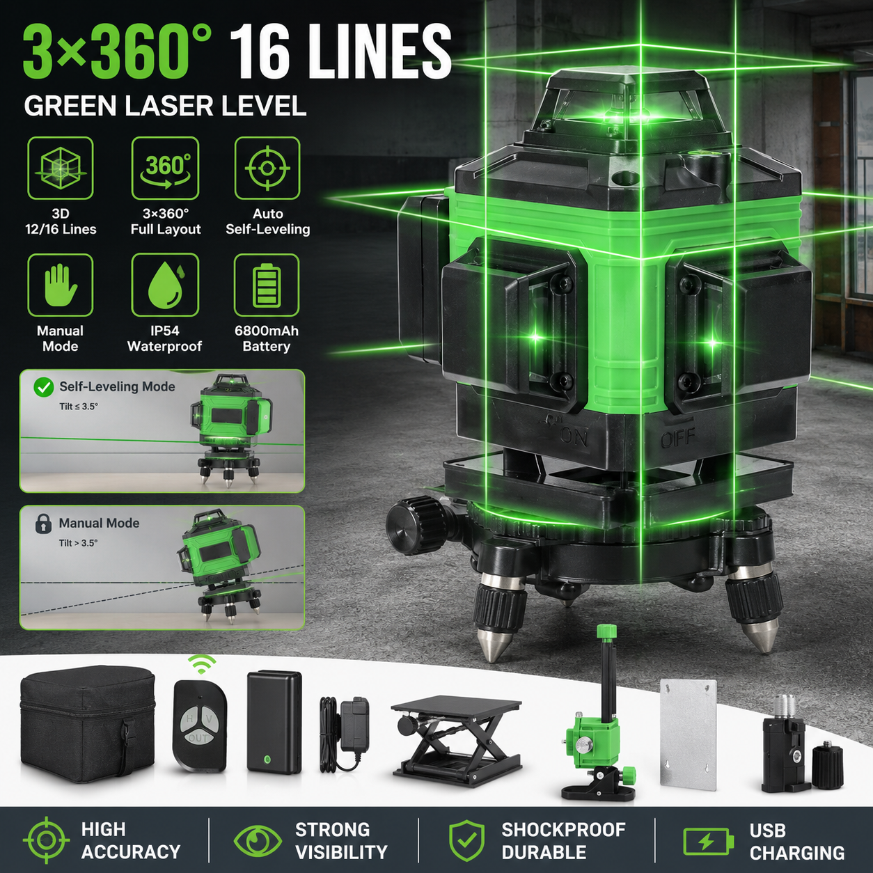 Poziomica laserowa 3D/4D, 12/16 linii, zielony laser, 3×360 °   Laserowy poziomica samopoziomująca do podłóg, 3 °   Automatyczna poziomica laserowa, pionowa i pozioma, z akumulatorem litowym ładowanym przez USB