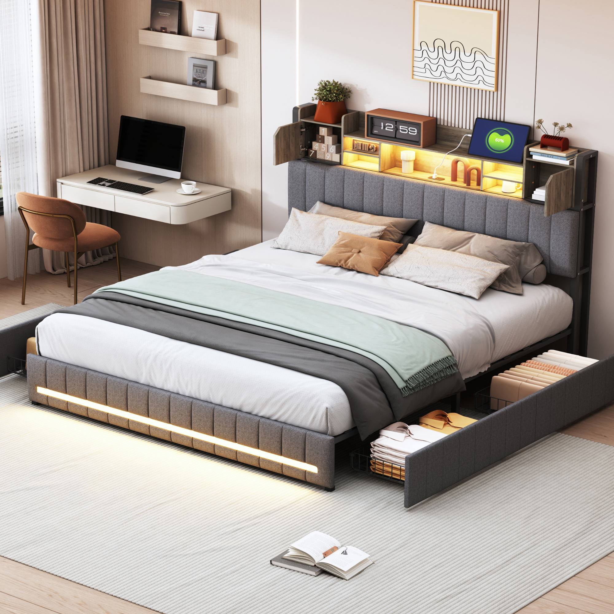 140 x 200 cm gepolstertes Doppelbett, gepolstertes Jugendbett mit LED-Beleuchtung und USB-Aufladung, mit 4 Ablagefächern, Leinenstoff