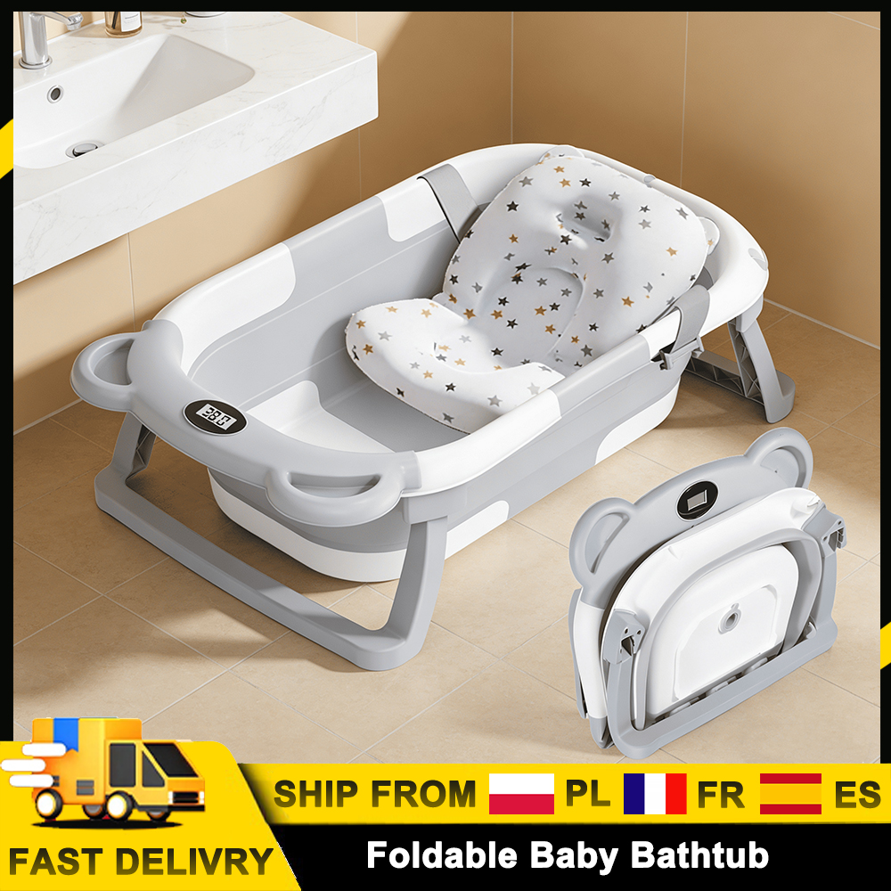 Zusammenklappbare Babybadewanne für Tragbare Neugeborenen-Dusche mit Temperatursensor & Weichem Kissen Babybadewannen-Zubehör für Zuhause und Reisen