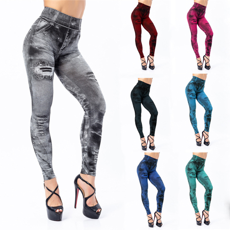 2024 Sexy Astic Imitation Jeans Legginsy Kobiety Rozciągliwe Spodnie z wysoką talią Fitness Slim Push Up Legginsy Dla Kobiet Letnie Bryczesy
