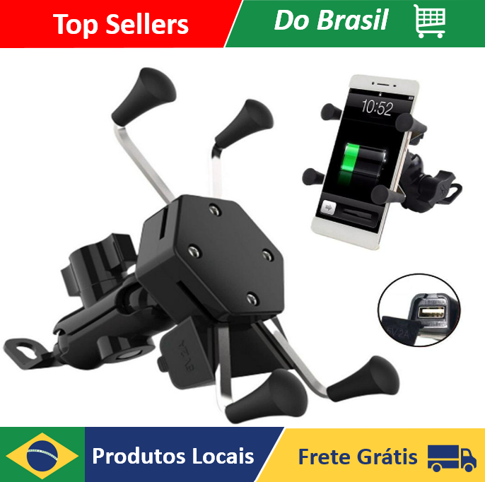 Suporte De celular para Moto Motocicleta com Carregador Usb Gps Articulado Pinca Aranha Aluminio