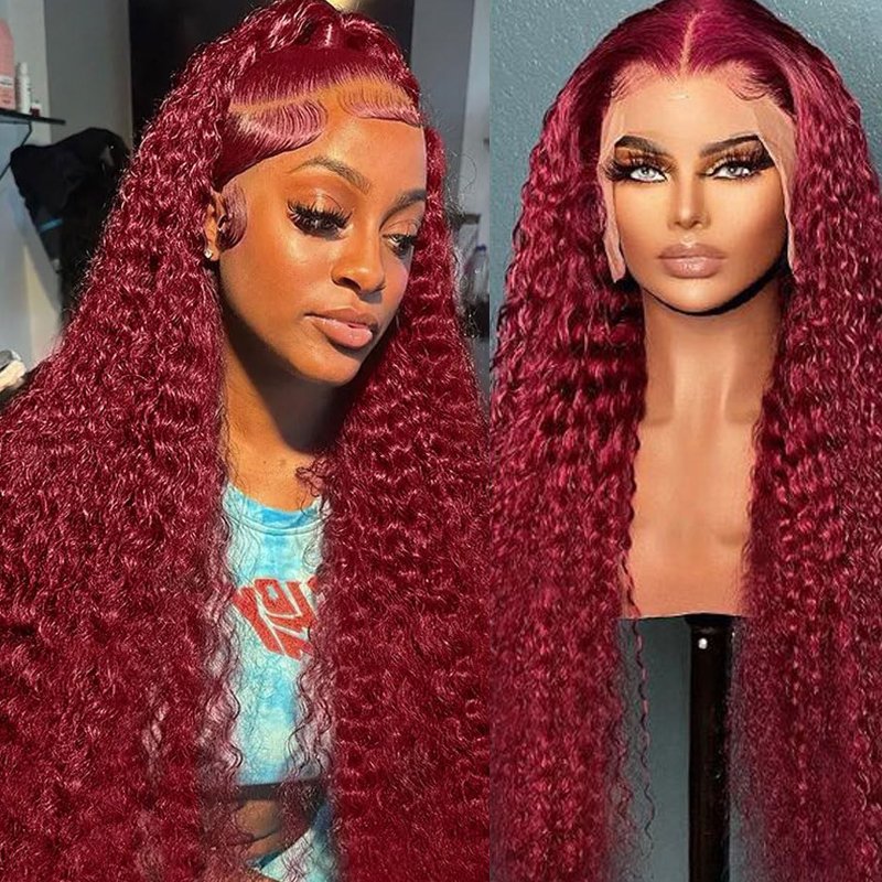 Borgonha onda de água peruca dianteira do laço para mulheres, peruca de cabelo humano frontal encaracolado, vinho tinto de Borgonha, 200 densidade, 30 in, 34 in, 13x4, 13x6, 99J