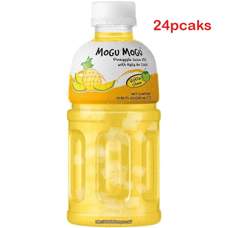 Pack 24 Botellas Mogu Mogu Piña 320ml - Bebida de Piña con Nata de Coco Masticable, Refresco Tropical Asiático, Lote Ahorro Familiar, Snack Bebible Viral, Merienda Divertida