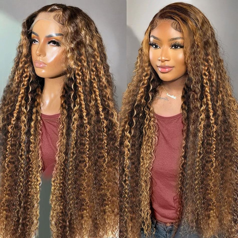 Colored Deep Wave Curly Highlight Wigs Honey Blonde 13x4 HD Lace Front Human Hair Wigs for Women Lace Frontal Hair Extensions