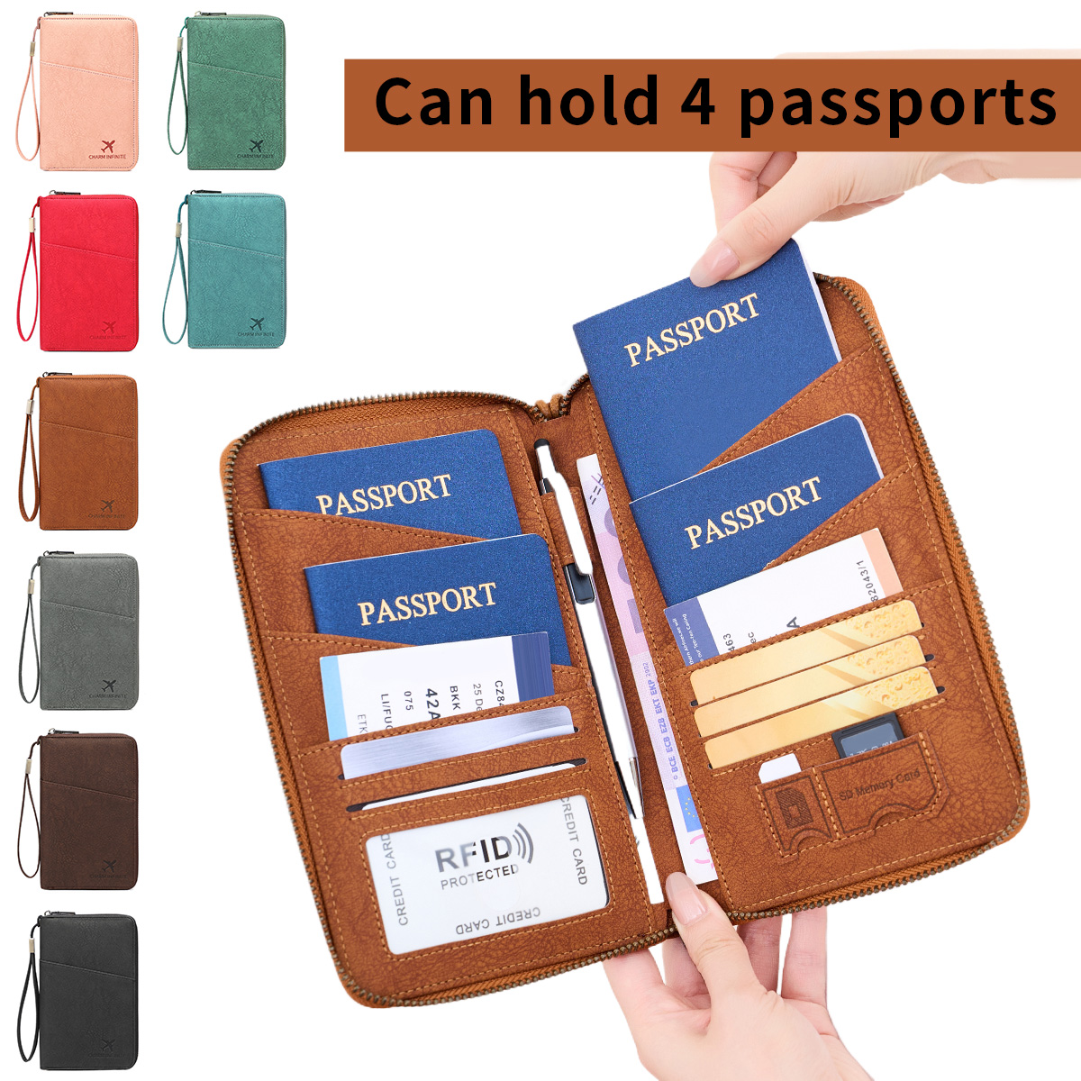 Новый вместительный RFID-кошелек с защитой от размагничивания и молнией, многофункциональный дорожный кошелек для документов и билетов