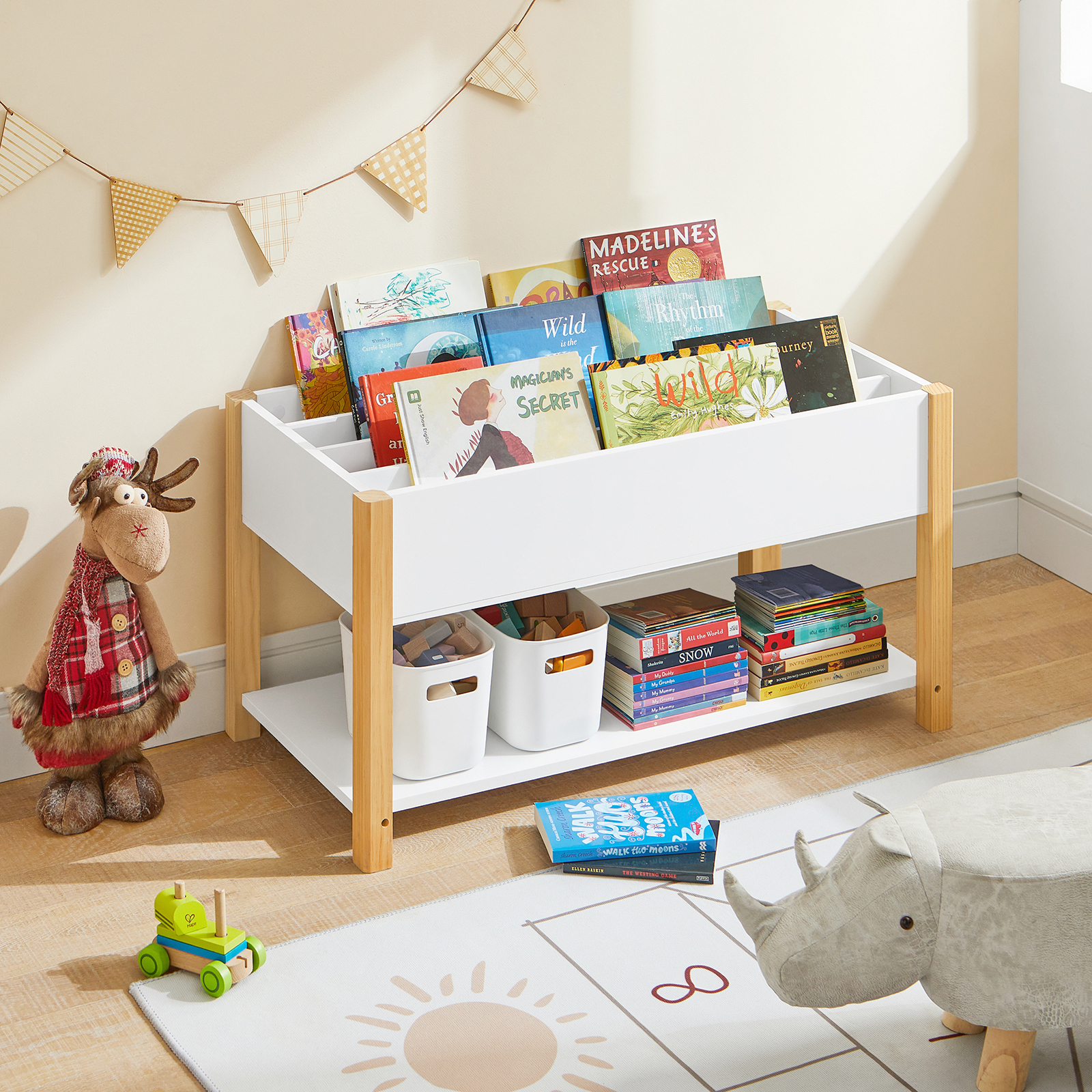 SoBuy KMB35-W Kinder Bücherregal Kinderregal mit Ablagefächern Aufbewahrungsregal für Kinder Bücherständer Spielzeugregal