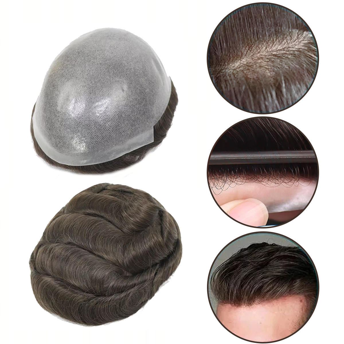 Rambut palsu ultra tipis tak terlihat untuk pria, prostesis kapiler realistis, wig rambut manusia, sistem rambut mikro kulit untuk pria