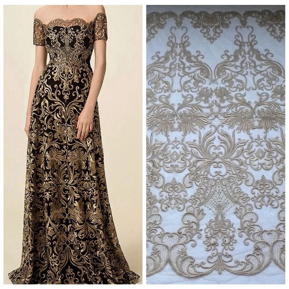 Tecido de Renda Tule Off White & Dourado HelluyerDc com Lindos Padrões de Bordado para Vestidos de Casamento e Moda