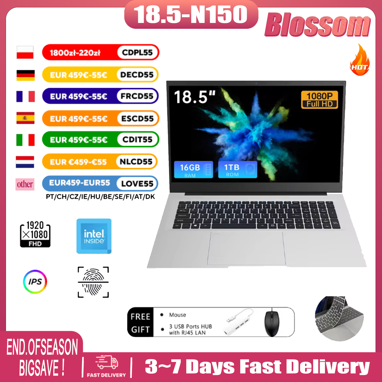 Bossom N150 Laptop 16GB RAM GB/1TB SSD Intel Notebook Komputer lekki, jasne tło, czytnik linii papilarnych, Windows 11