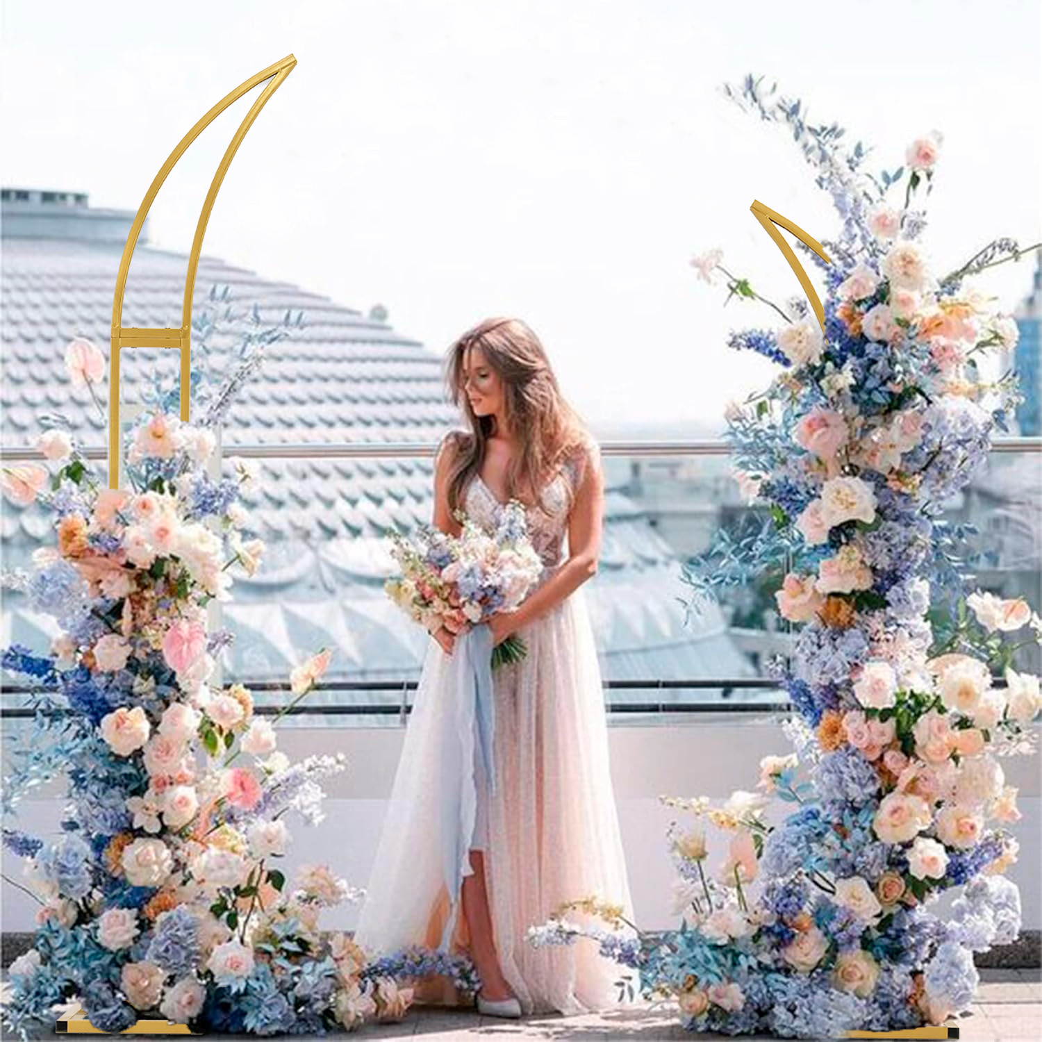 2-delige halvemaan boogstandaard 1,8m & 2,1m gebogen bruiloft achtergrondframe, metalen ballonboogstandaard voor ceremonie, verjaardag, bruiloft, babyshower, feestdecoratie