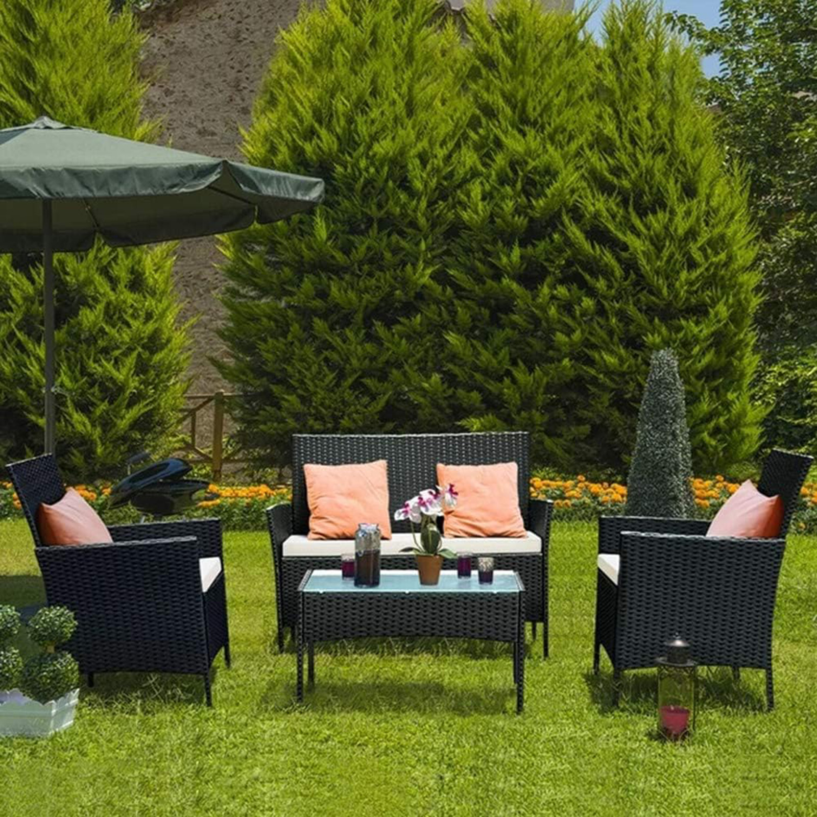 Bigzzia Set di mobili da esterno Casa 4 pezzi Patio Mobili in rattan divano Tessitura Divano ad angolo in vimini Divano Mobili da giardino Giardino