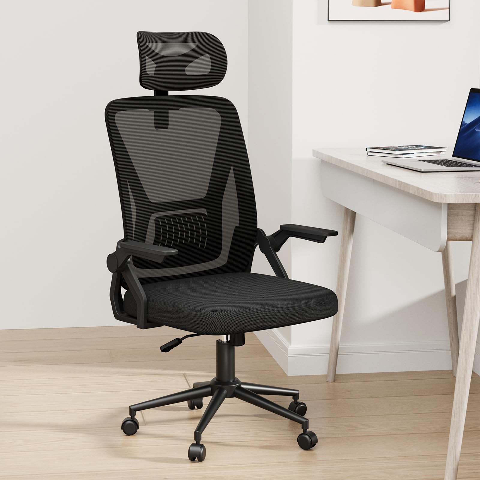 Silla de oficina ergonómica Silla de escritorio 90 °   Reposabrazos plegables Soporte lumbar Acolchado de malla transpirable para reposacabezas ajustable