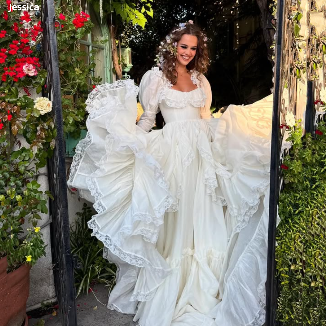 Jessica Sweet Princess Evening Dresses Long Sleeves White Prom Dresses Lace Multi-layer Party Vestidos De Gala Customized