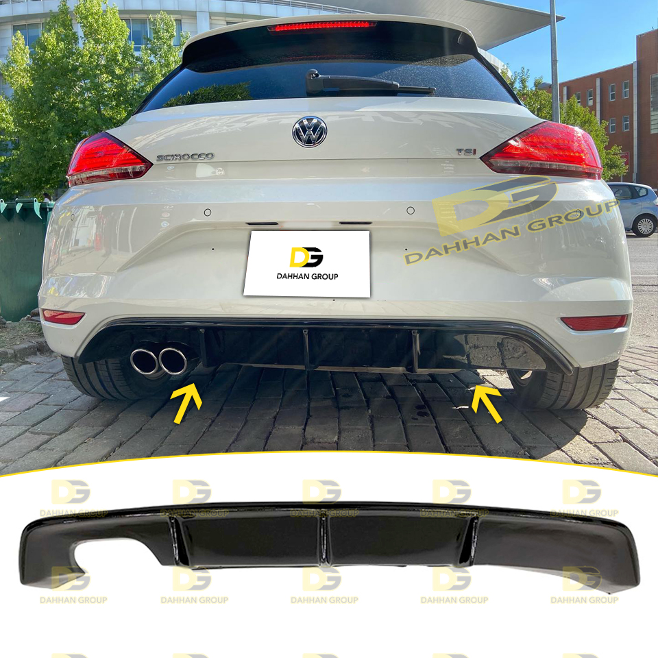 Scirocco ตัวกระจาย MK3 2014 - 2017 bemper belakang ขยายปีกสปอยเลอร์ด้านซ้ายเอาต์พุตคู่เปียโนเงาพลาสติกสีดำ
