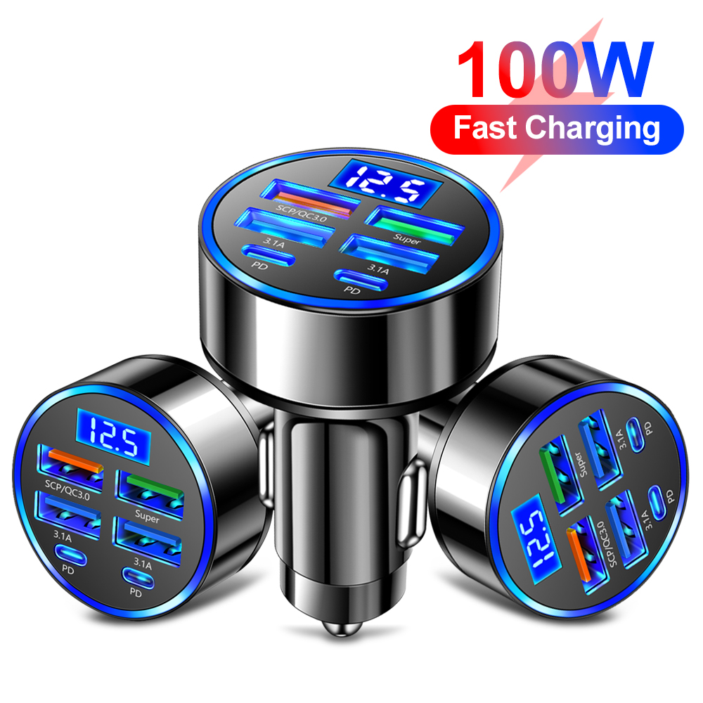 Chargeur de voiture à 6 ports USB C, 100W, PD, charge rapide, universel, adaptateur de charge de téléphone de voiture de type C pour iPhone, Samsung, Huawei, Xiaomi QC3.0