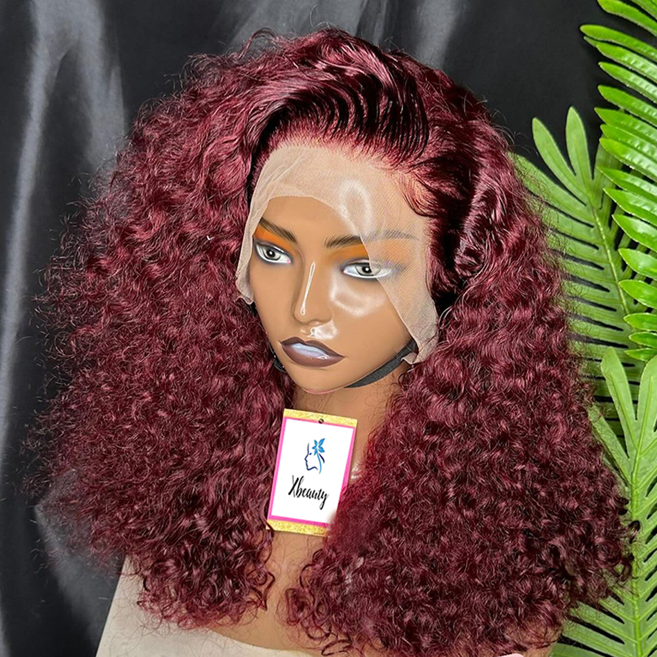 Pelucas de Bob corto pelucas de cabello humano 99J Borgoña 13x4 peluca con malla Frontal onda profunda peluca Frontal de encaje transparente prearrancada 250 de densidad