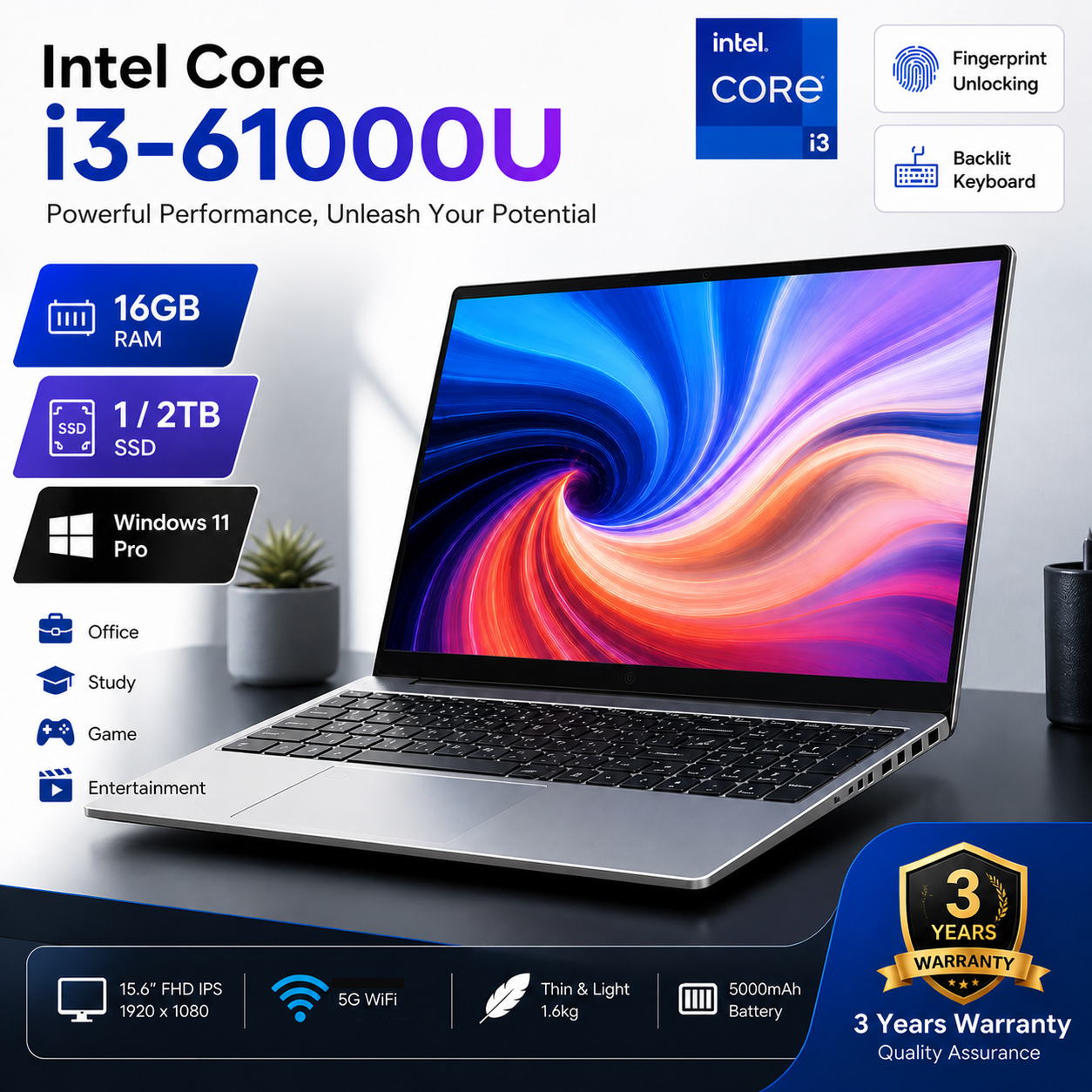 NUOVO Laptop da Gaming 15.6" Intel Windows 11 Notebook PC Ultra Sottile Intel Core i3-6100U 16GB RAM 1TB SSD Computer per Ufficio e Studio