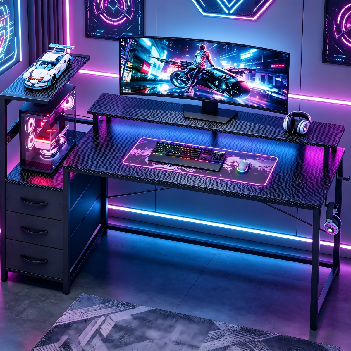 Mesa para jogos com prateleira e gavetas, mesa com iluminação LED, 2 tomadas embutidas e 1 porta USB, mesa para computador com prateleira de armazenamento e suporte para monitor.