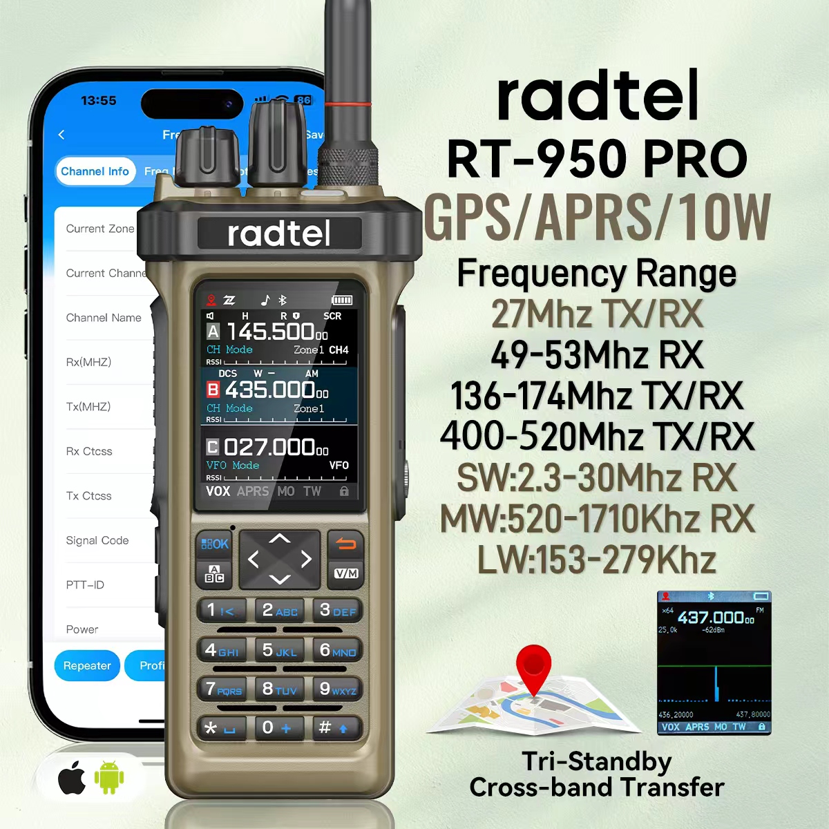 Radtel RT-950 Pro Walkie Talkie de Color arena con GPS APRS 10W Bluetooth programación de teléfono Radioaficionado RT-950PRO SSB CW AM Radio FM