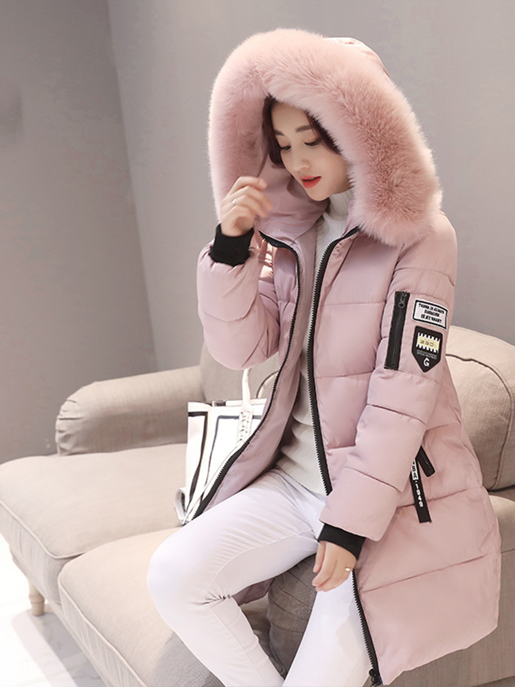 Parka con capucha y cuello de piel para mujer, abrigo largo con diseño de bolsillos y cremallera con parche de letras a la moda, abrigos gruesos y cálidos elegantes para mujer
