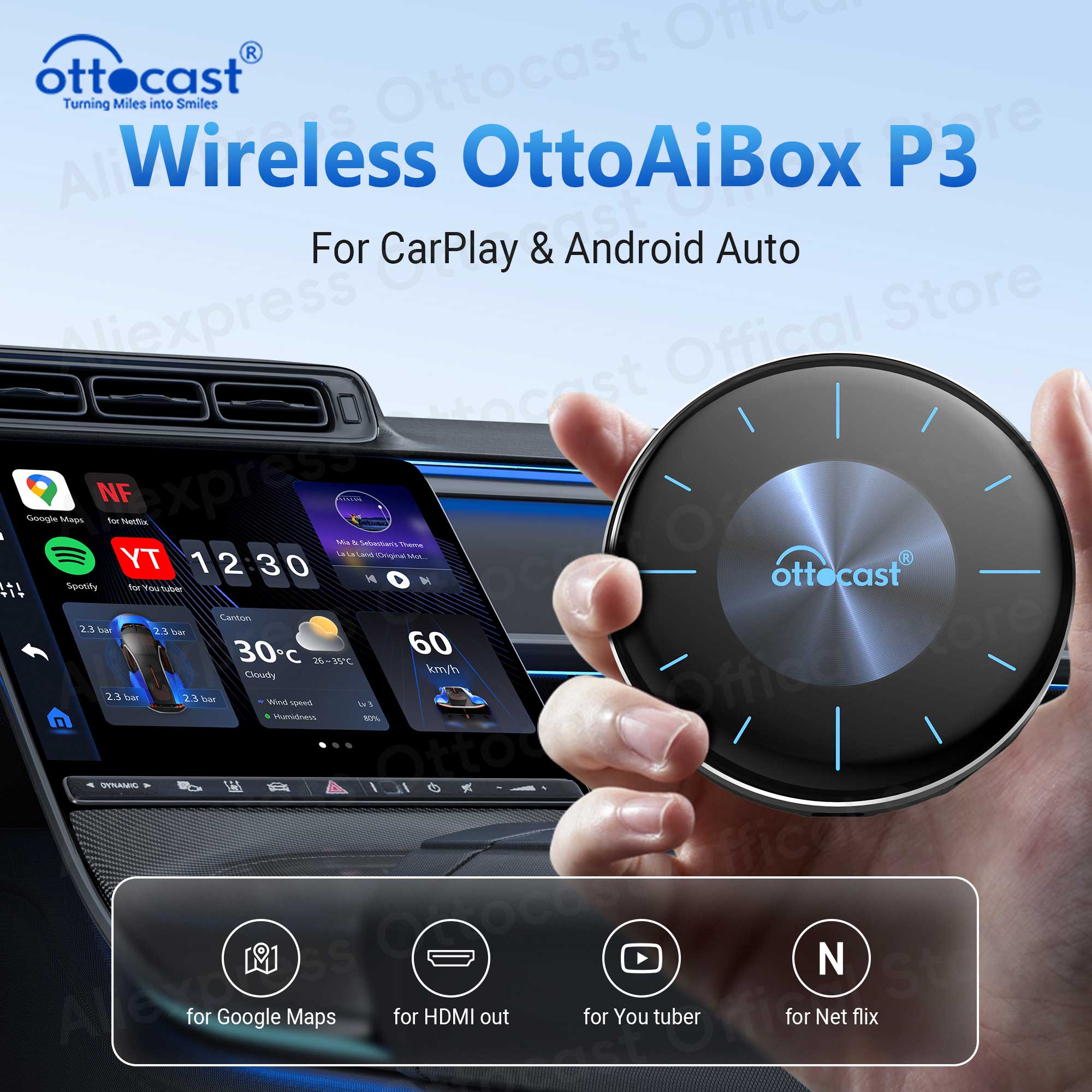 OTTOCAST Wireless Carplay P3 AI Box Wireless Android Auto Smart TV Box Supporto per uscita HDMI Accessori auto per Benz VW Audi