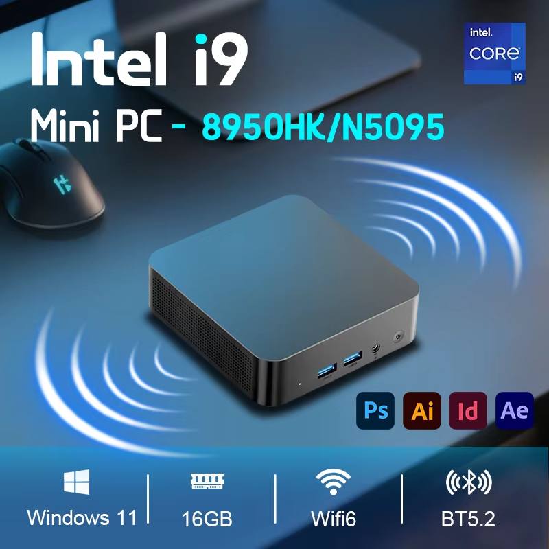 Mini PC Inter Core i9 8950HK/N5095 com 16GB DDR4, SSD de 1/2TB, computador desktop para jogos com Windows 11, BT5.2, WIFI6 e suporte a jogos em 4K.