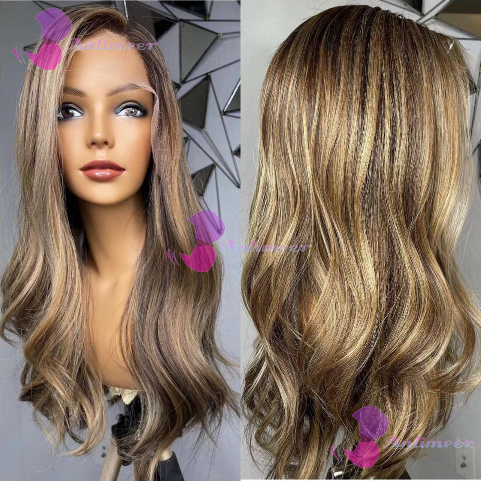 Bezklejowe, wstępnie wyskubane # Peruki z ludzkich włosów, brązowo-blond z pasemkami balayage, falowane, z jedwabną bazą 5x5, peruki z koronką 13x6/360.