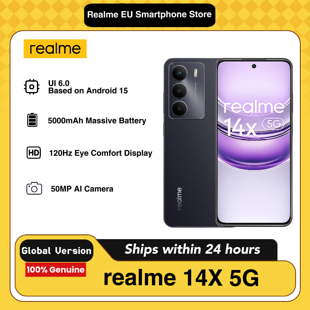 realme 14X 5G AI Phone 8GB+256GB LTE, Versão Global, Android 15, Processador Mediatek Dimensity 6300, Bateria Grande de 5000mAh
