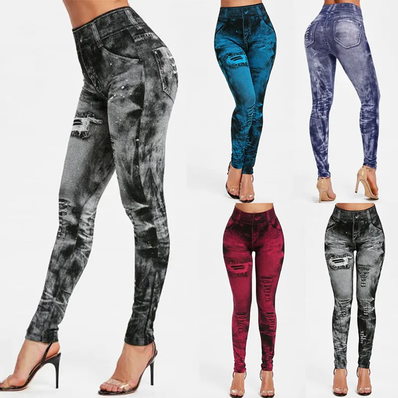 Mulheres imitação de jeans estiramento leggings moda sexy magro push up senhora ginásio leggings causal simples cintura alta streetwear leggings