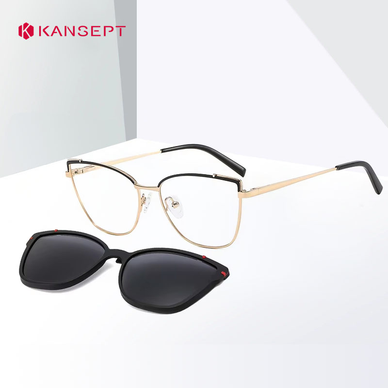 KANSEPT Women Metal 2 In 1 New Style Magnetic Polarizing Sunglasses Clip Set Cat Eye Fashionable Spectacle Frame Myopia Eyeglass