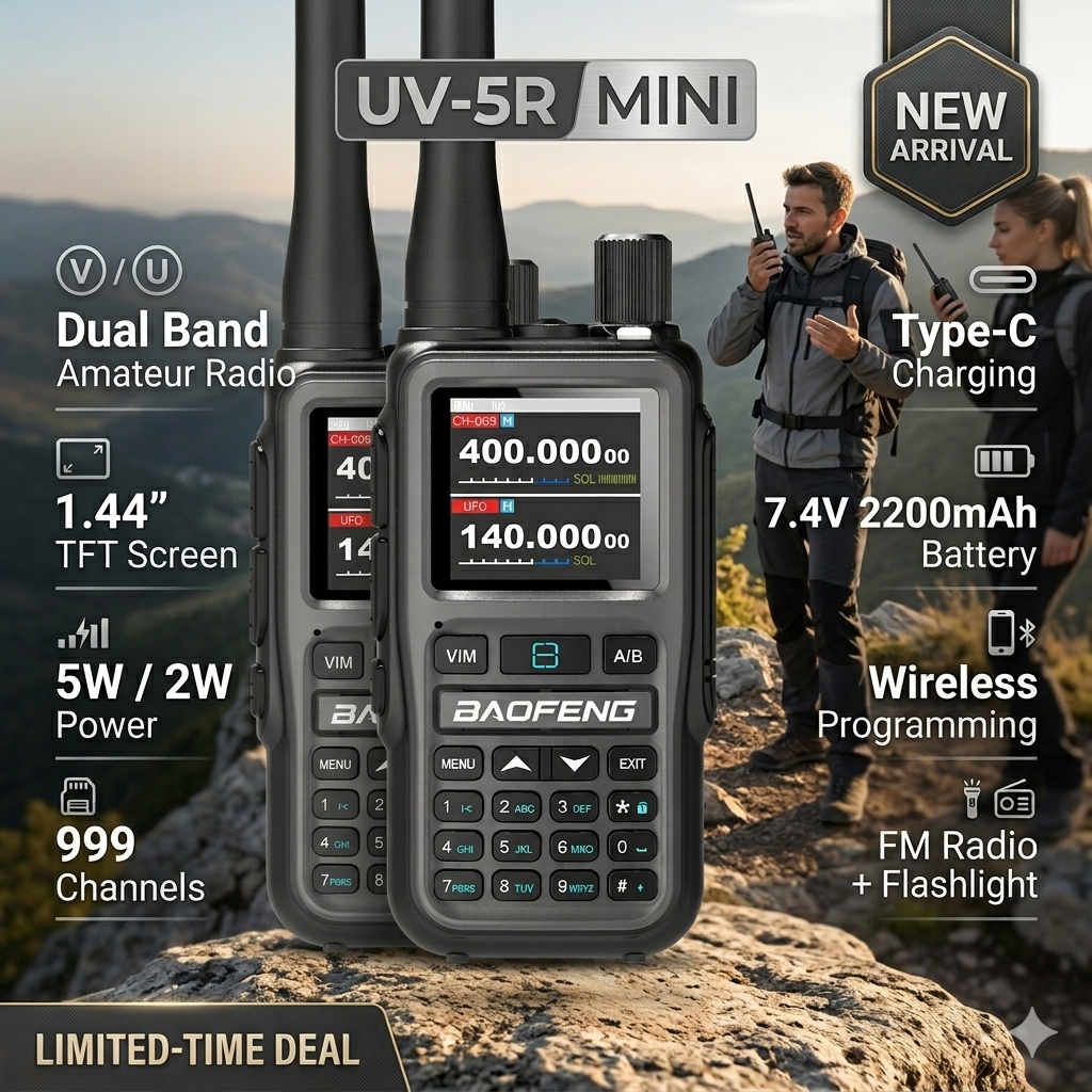2025 Baofeng UV-5R Mini Walkie Talkie 5W 999CH Air Band Ricaricabile Type-C Bluetooth APP Programmabile Copia Frequenza Wireless Radio